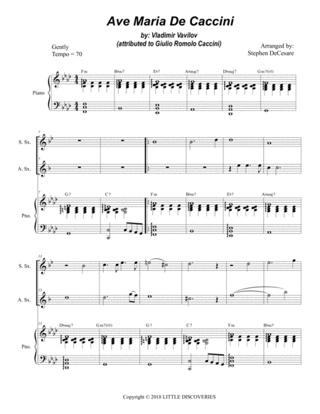 Ave Maria De Caccini Duet For Soprano Alto Saxophone Sheet Music