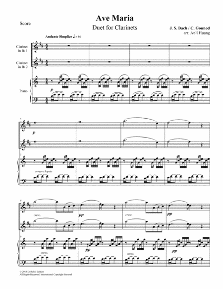 Ave Maria Duet For Clarinets Piano Score Sheet Music