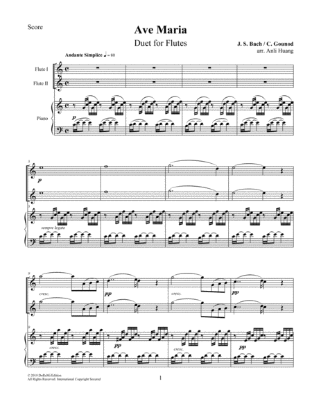 Free Sheet Music Ave Maria Duet For Flutes Piano Score