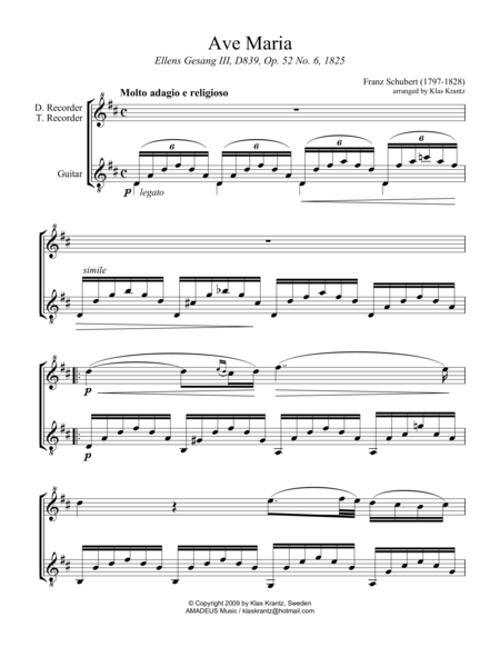 Ave Maria Schubert For Descant Or Treble Recorder And Guitar D Major Sheet Music