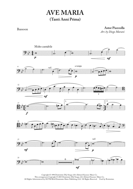 Ave Maria Tanti Anni Prima For Bassoon And Piano Sheet Music