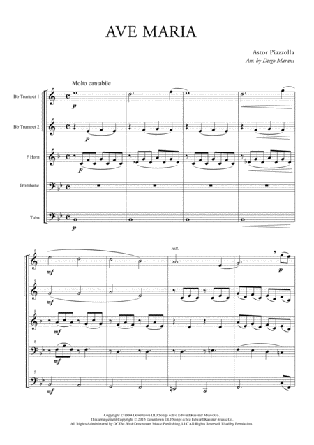 Ave Maria Tanti Anni Prima For Brass Quintet Sheet Music