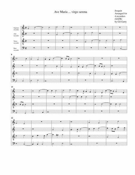 Free Sheet Music Ave Maria Virgo Serena Arrangement For 4 Recorders
