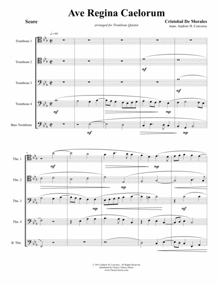 Free Sheet Music Ave Regina Caelorum For Trombone Quintet