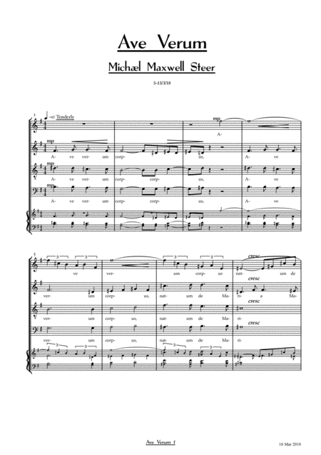 Free Sheet Music Ave Verum Corpus Acappella Version Fo Saatb With Opt Accpt