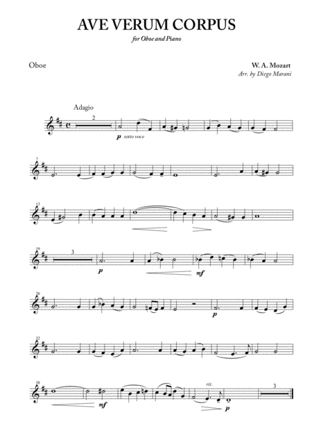 Free Sheet Music Ave Verum Corpus For Oboe And Piano