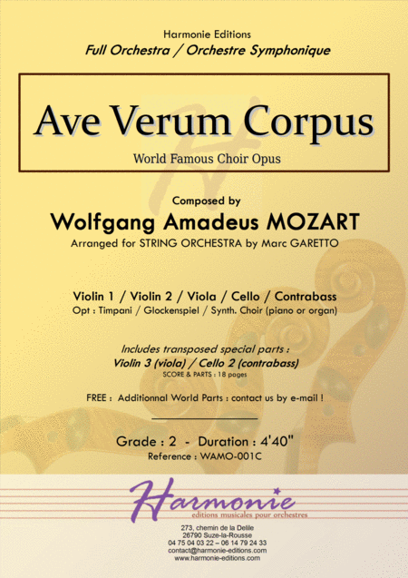 Ave Verum Corpus For String Orchestra W A Mozart Sheet Music