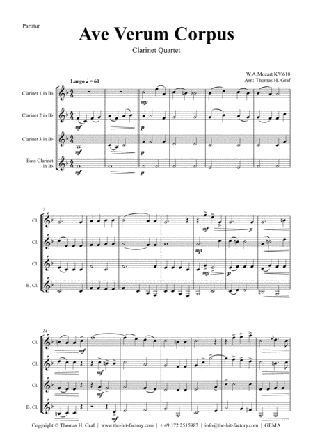 Ave Verum Corpus W A Mozart Clarinet Quartet Sheet Music