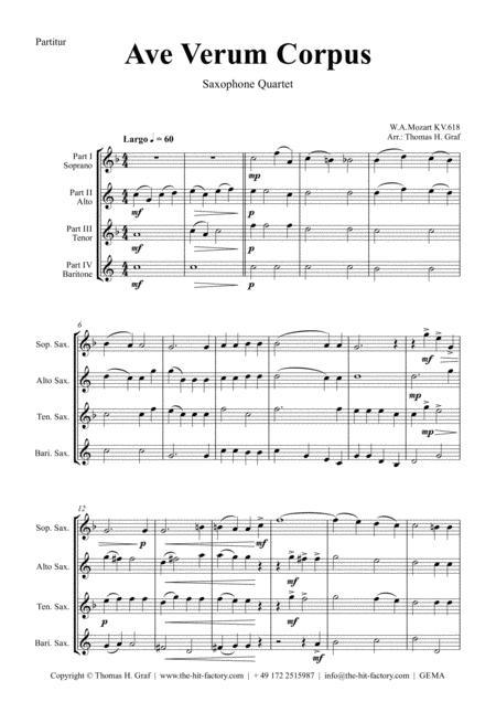 Free Sheet Music Ave Verum Corpus W A Mozart Saxophone Quartet