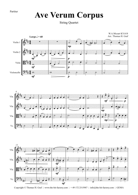 Free Sheet Music Ave Verum Corpus W A Mozart String Quartet