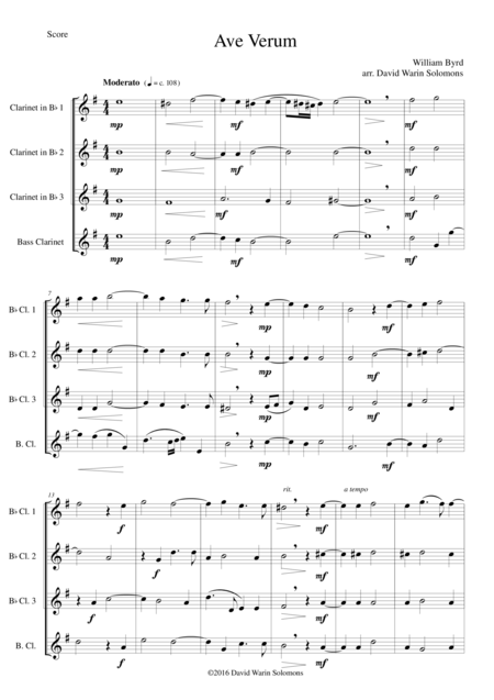 Free Sheet Music Ave Verum For 3 Clarinets And Bass Clarinet