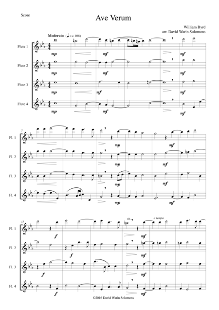 Free Sheet Music Ave Verum For 4 Flutes