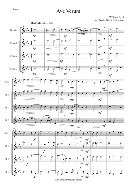 Free Sheet Music Ave Verum For Piccolo And 3 Flutes