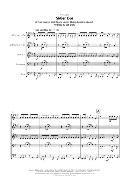 Free Sheet Music Avril Lavigne Sk8er Boi For Brass Quintet