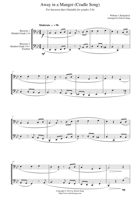 Free Sheet Music Away In A Manger Cradle Song For Bassoon Duet Suitable For Grades 2 6