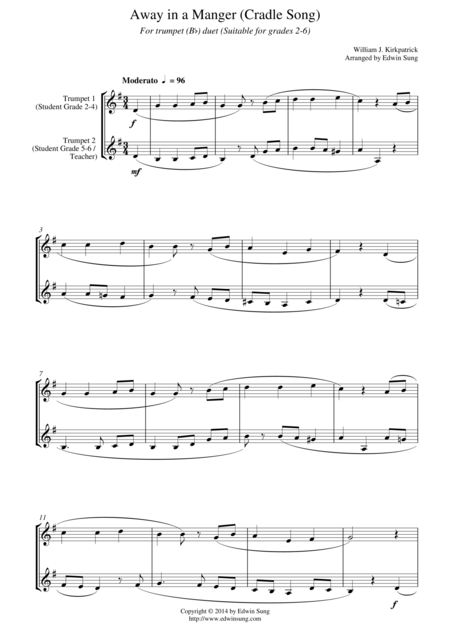 Away In A Manger Cradle Song For Trumpet Bb Duet Suitable For Grades 2 6 Sheet Music