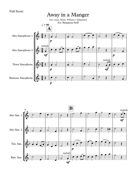 Free Sheet Music Away In A Manger For Sax Quartet