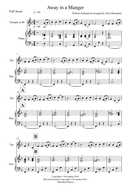 Free Sheet Music Away In A Manger For Trumpet And Piano