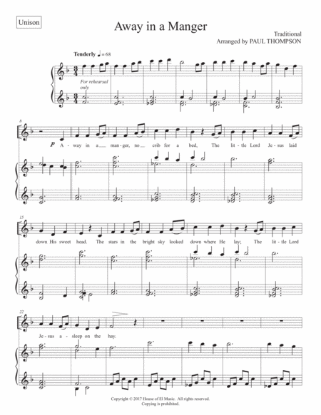 Away In A Manger Unison With Piano Sheet Music