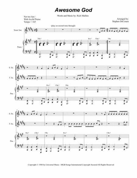 Awesome God Duet For Soprano And Tenor Saxophone Sheet Music