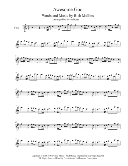 Awesome God Easy Key Of C Flute Sheet Music