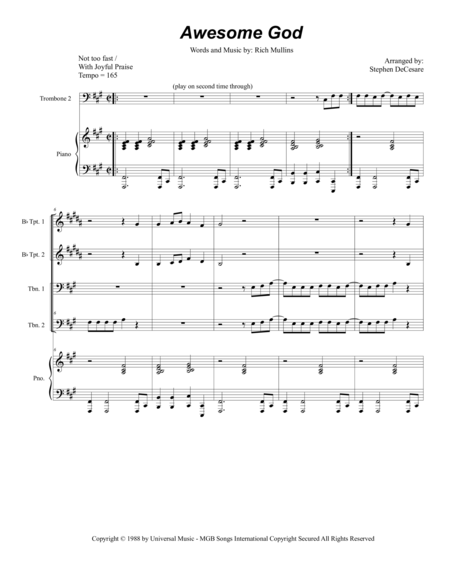 Free Sheet Music Awesome God For Brass Quintet