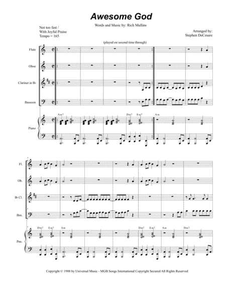 Awesome God For Woodwind Quartet Sheet Music