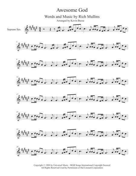 Free Sheet Music Awesome God Original Key Soprano Sax