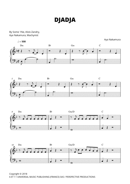 Aya Nakamura Djadja Easy Piano Sheet Music