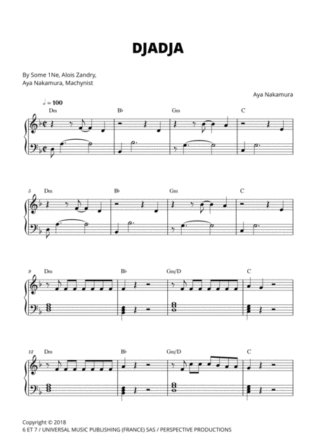 Free Sheet Music Aya Nakamura Djadja For Piano