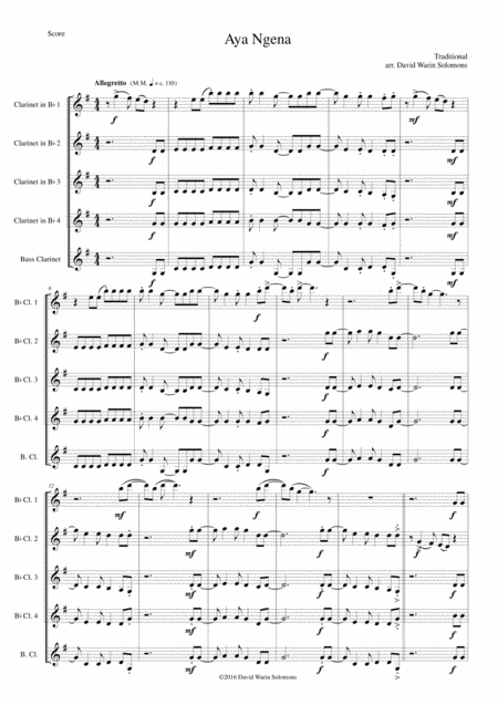 Aya Ngena For Clarinet Quintet 4 B Flats And 1 Bass Sheet Music