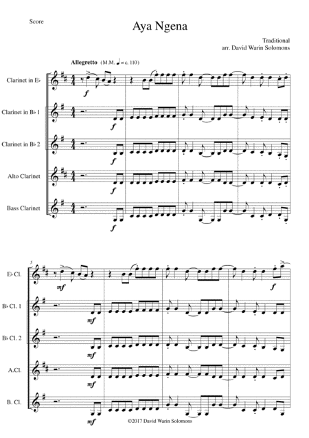 Aya Ngena For Clarinet Quintet Version For E Flat Clarinet 2 Bflat Clarinets Alto Clarinet Bass Clarinet Sheet Music