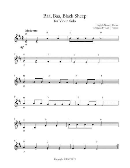 Baa Baa Black Sheep For Solo Violin Sheet Music