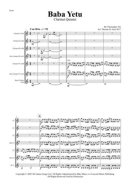 Free Sheet Music Baba Yetu From Video Game Civilization Iv Clarinet Quintet