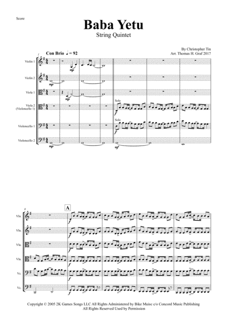 Baba Yetu From Video Game Civilization Iv String Quintet Sheet Music