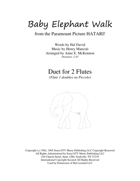 Baby Elephant Walk Flute Duet W Picc Sheet Music