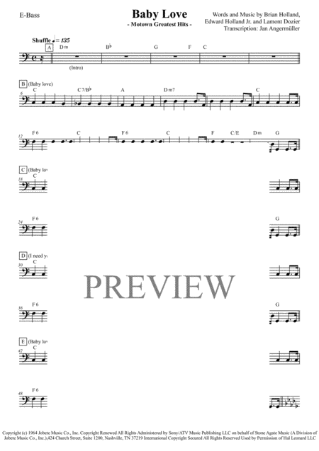 Baby Love E Bass Transcription Of The Supremes Motown Recording Sheet Music