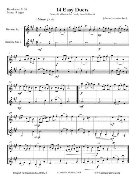 Bach 14 Easy Duets For Baritone Sax Duo Sheet Music