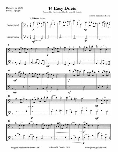 Free Sheet Music Bach 14 Easy Duets For Euphonium Duo