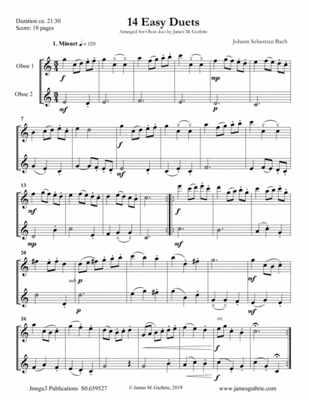 Free Sheet Music Bach 14 Easy Duets For Oboe Duo