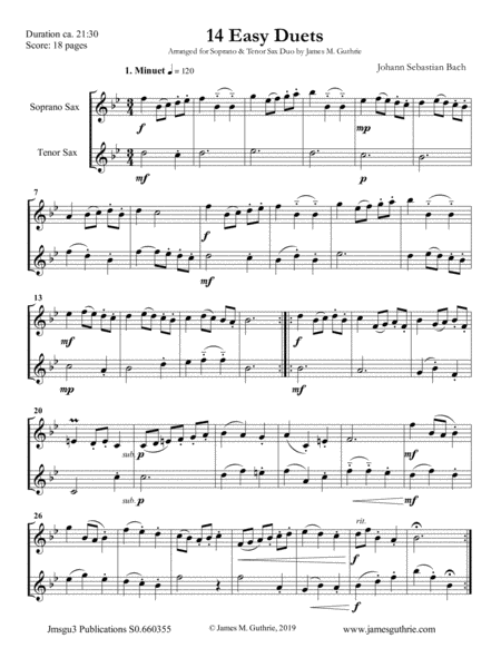 Free Sheet Music Bach 14 Easy Duets For Soprano Tenor Sax
