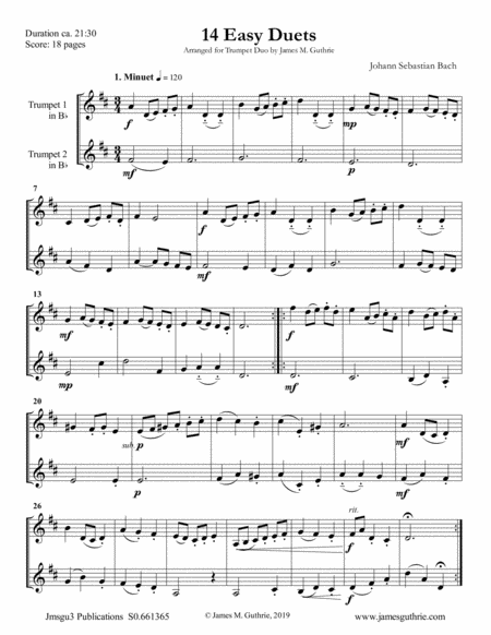 Free Sheet Music Bach 14 Easy Duets For Trumpet Duo