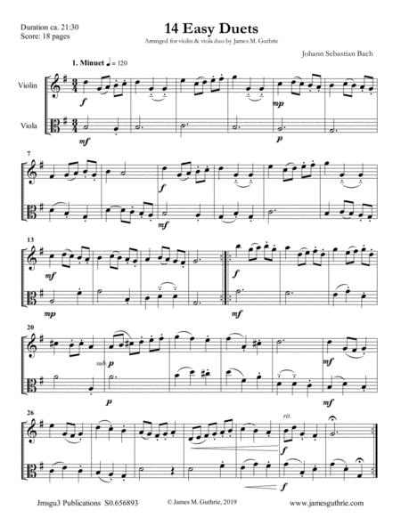Free Sheet Music Bach 14 Easy Duets For Violin Viola Duo