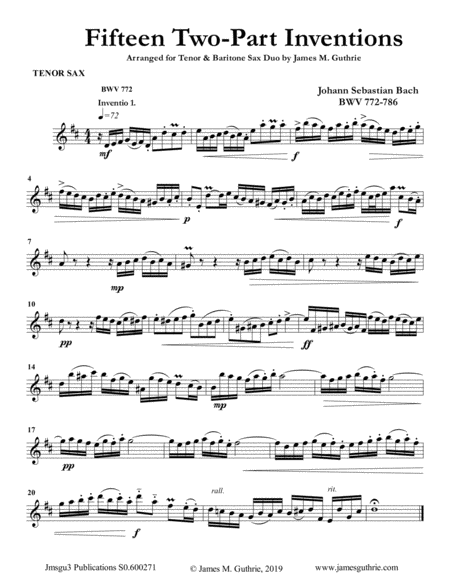 Free Sheet Music Bach 15 Two Part Inventions For Tenor Baritone Sax Duo