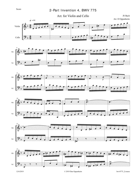 Free Sheet Music Bach 2 Part Invention 4 Bwv 775 Arranged For Violin And Cello