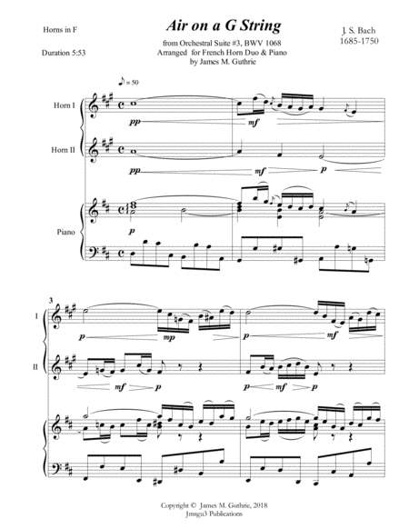 Free Sheet Music Bach Air On A G String For 2 Horns Piano