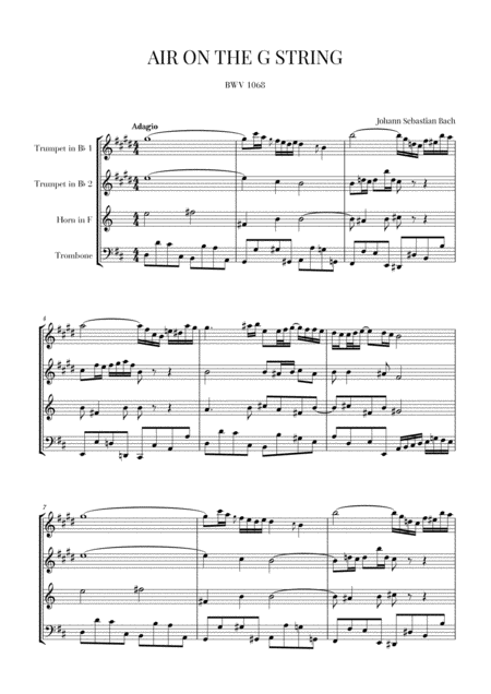 Free Sheet Music Bach Air On The G String For Brass Quartet 2 Trumpets Horn And Trombone