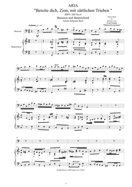 Free Sheet Music Bach Aria Bereite Dich Zion Bwv 248 No 4 For Bassoon And Harpsichord