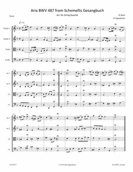 Bach Aria Bwv 487 From Schemellis Gesangbuch Arr For String Quartet Sheet Music