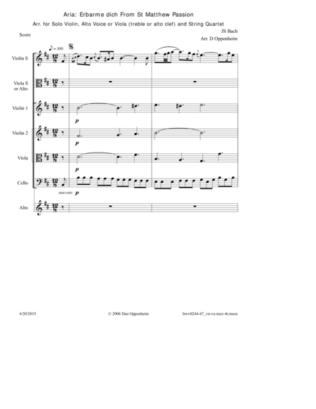 Bach Aria Erbarme Dich From The St Matthew Passion Bwv 244 Arr For Violin Solo Viola Solo And String Quartet Optional Mezzo Soprano Replaces Viola Sol Sheet Music